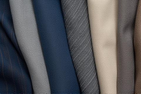 Close-up of various high-quality fabric swatches, showcasing luxury wool and linen blends.