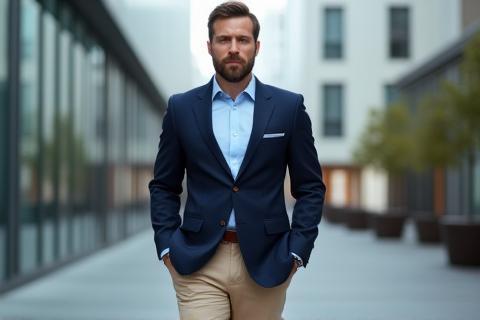 A man in a stylish, well-coordinated business casual outfit, demonstrating versatility.