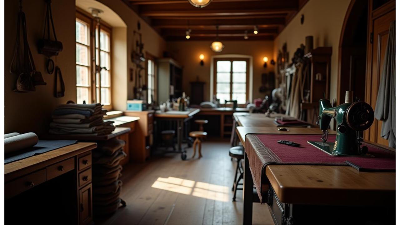 Interior of a vintage tailoring atelier with tools and fabrics, symbolizing heritage and craftsmanship.