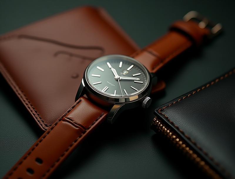 Close-up of a sophisticated wristwatch next to a luxurious leather wallet, symbolizing attention to detail.