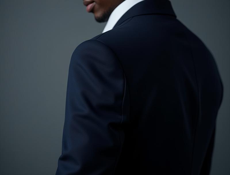 Close-up of a classic, well-tailored suit, emphasizing sharp lines and exquisite fabric.