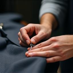 Close-up of a tailor's hands expertly working on a suit, highlighting precision.